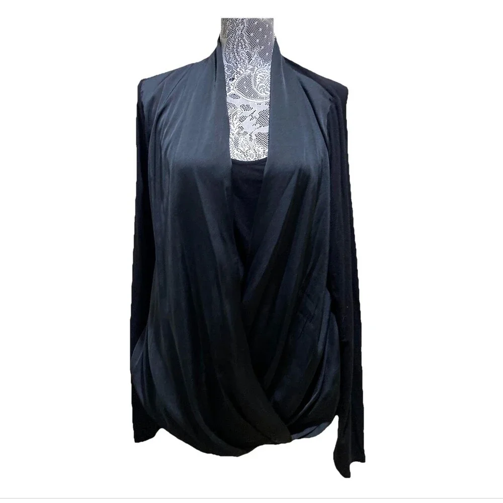 Michael Kors Women L Black Draped Crossover Blouse L/S Surplice Wrap Shirt Top